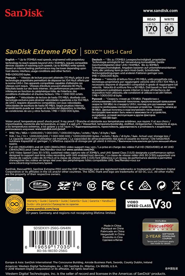 SanDisk 256GB Extreme PRO SD SDXC Memory Card 170MB/s Class 10 UHS-1 U3 4K 256G - Image 2 of 3