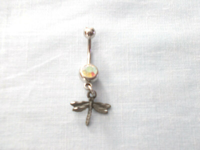 Cute Dragonfly Hand Engraved USA Pewter Design on 14g Borealis CZ Belly Ring