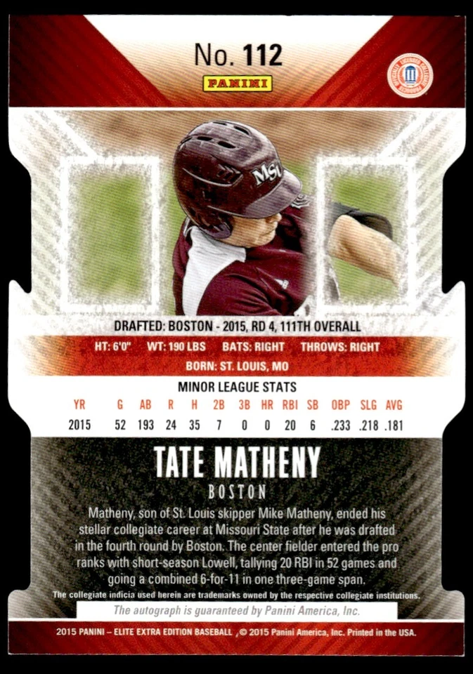 2015 Panini Elite Extra Edition Aspirations Die Cut Autographed Prospects Tate - Image 2 of 2