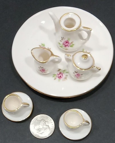 Vintage Miniature Tea Set Porcelain 9 Pieces Roses Gold Trim - Picture 7 of 7