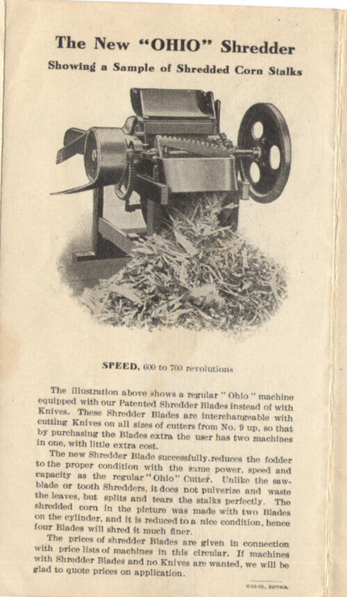 1909 OHIO FEED & ENSILAGE CUTTERS, FODDER SHREDDERS, BLOWER & ELEVATORS