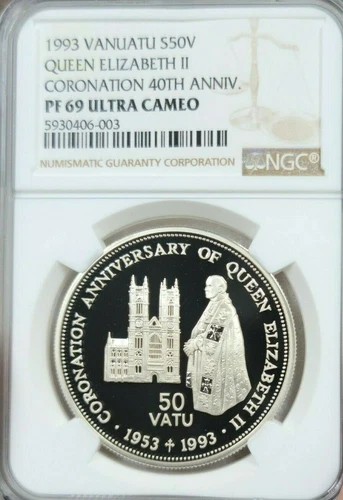 1993 VANUATU SILVER 50 VATU QUEEN ELIZABETH II CORONATION NGC PF 69 ULTRA CAMEO