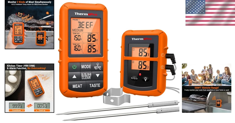Wireless Meat Thermometer for Smoker BBQ Grill with 500FT Remote Range and Timer