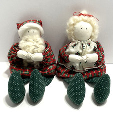 Vintage Santa and Mrs. Claus Fabric Shelf Sitters Soft Bodied Dangle Legs
