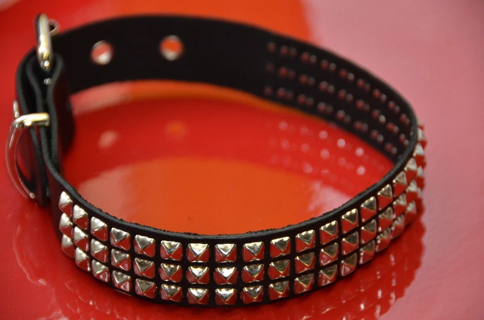 Tres Filas Mini 1/4" Pirámide Tachonado Punk Goth Rockers Cuello Cuero Genuino Foto 2 de 4