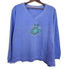 Fresh Produce Sweatshirt Top 1X Purple Periwinkle V-Neck Marine Turtle Print