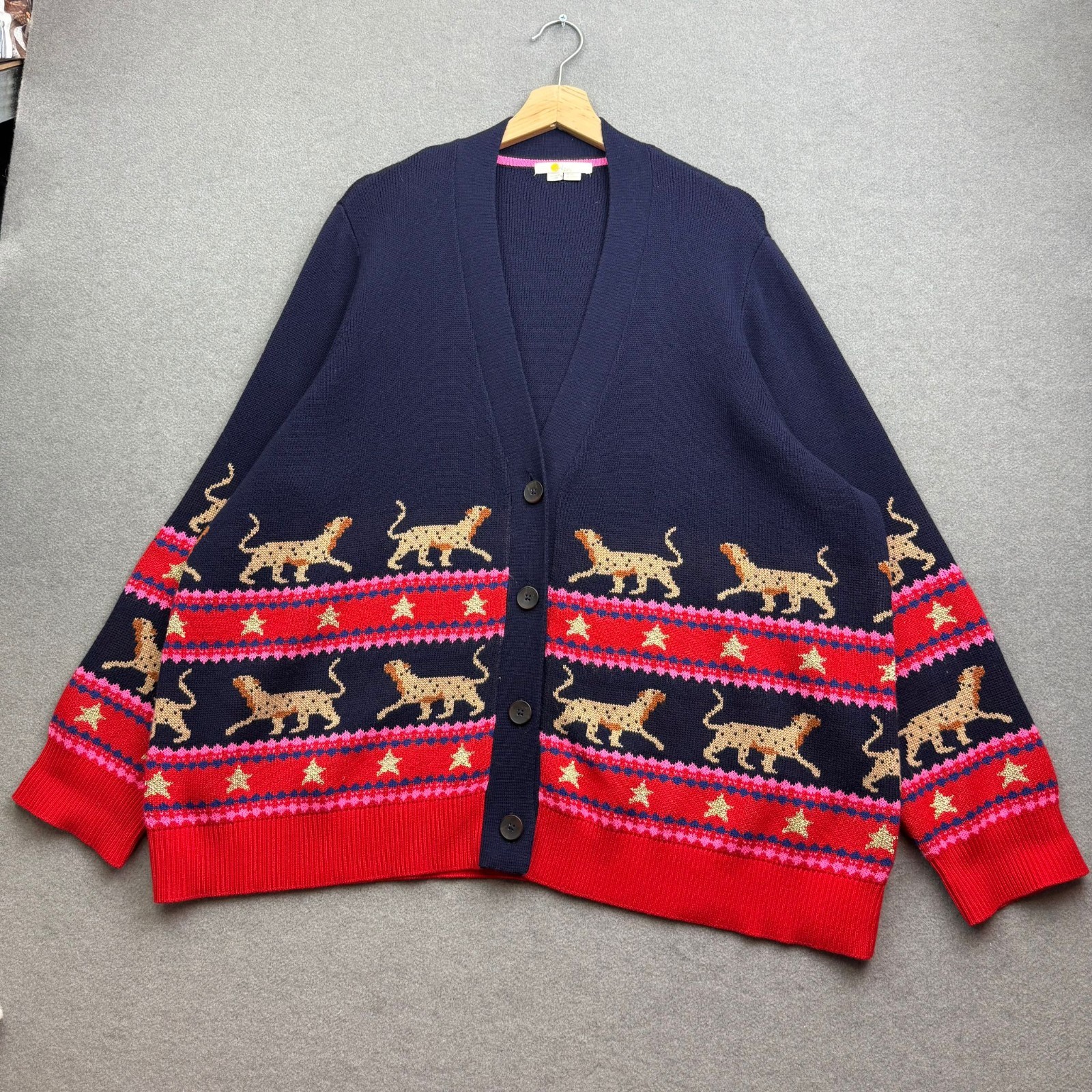 BODEN Cardigan UK 22 Knit Tiger Boyfriend Leopard Stars Yoke Fairisle Rare