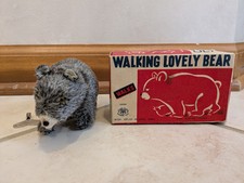 Vintage 1950's Walking Lovely Bear Tin Windup Toy Tested - Working w/ Box