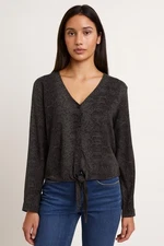 C&C California Black Snake Print V-Neck Button Front Tie Hem Blouse Women’s S