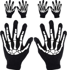 3 Pairs Skeleton Gloves for Women Men - Full Finger Winter Skull Stretch Knitted