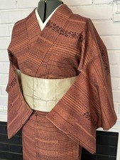 Vintage Japanese Kimono   Rust Brown Awase Kimono with Floral  Stripe Pattern