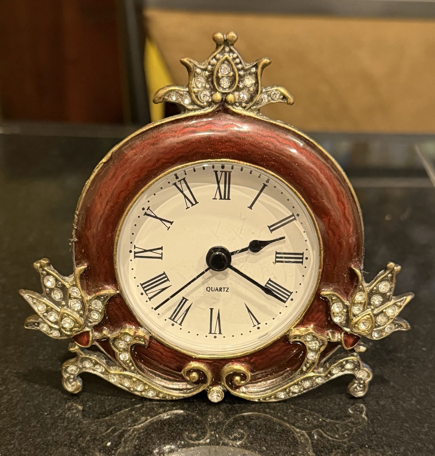 Petite Jeweled Floral & Resin Quartz Mantle/Table Clock- Working