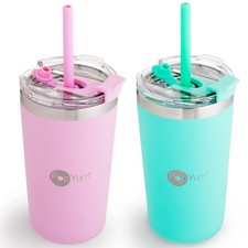 PopYum 13oz Insulated Stainless Steel Kids Cups w/ Lid  Straw, 2-Pack, Green