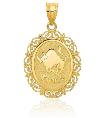 14K massives Gelbgold filigran großer Stier Sternzeichen Medaille Anhänger Halskette 28mm