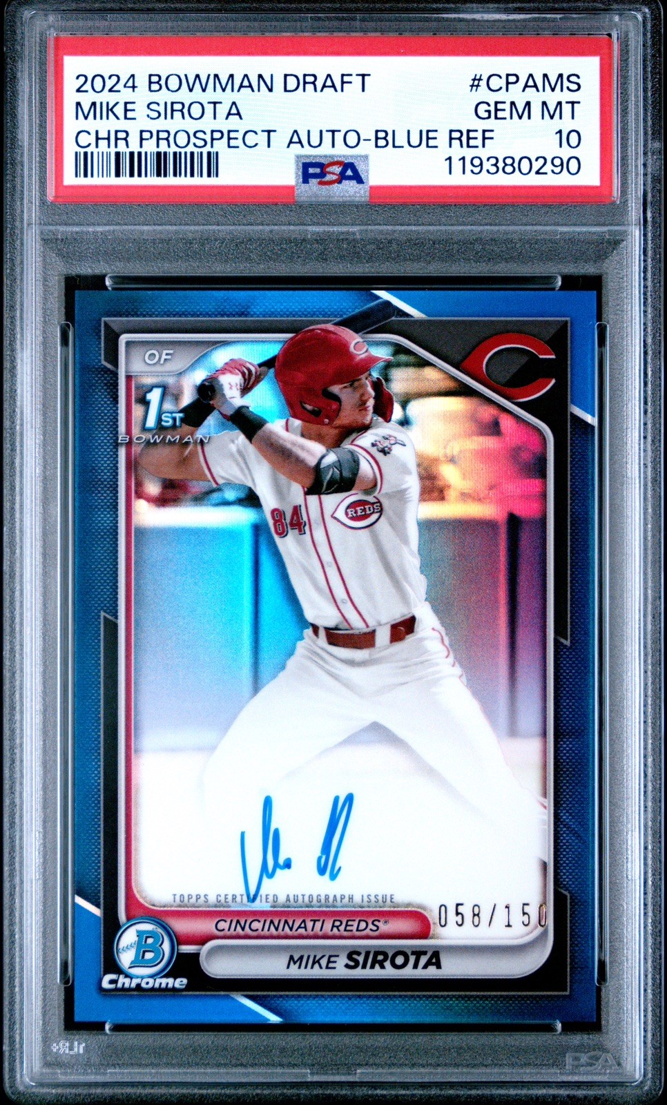 Mike Sirota 2024 Bowman Draft Chrome 1st Prospect TRUE BLUE Auto  058/150 PSA 10