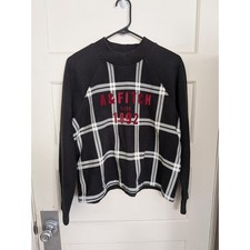 Abercrombie  Fitch Black Plaid Mock Neck Raglan Preppy Logo Sweatshirt Large