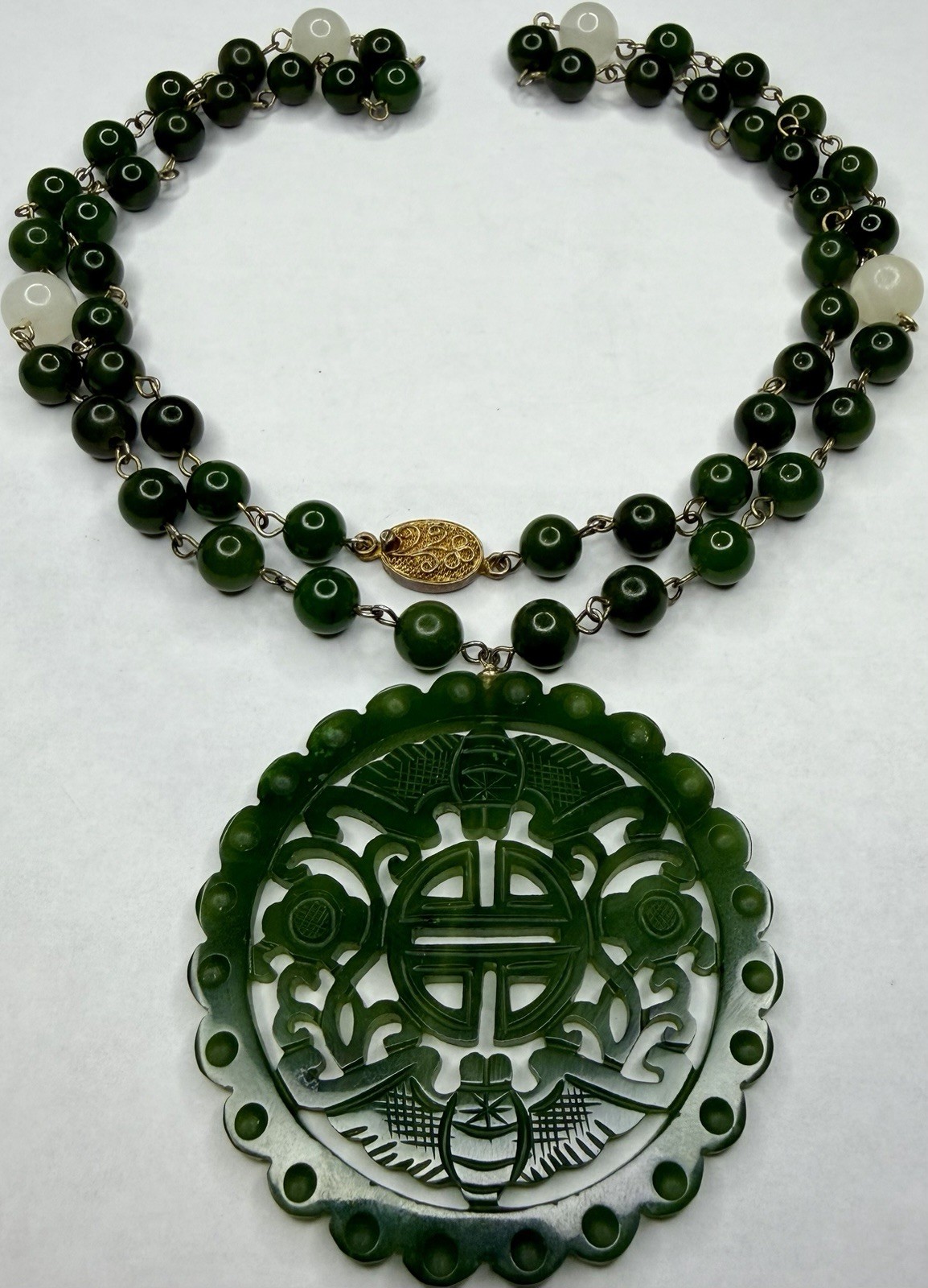 Vintage Silver Chinese Nephrite Jade Double Happiness Pendant Bead Necklace