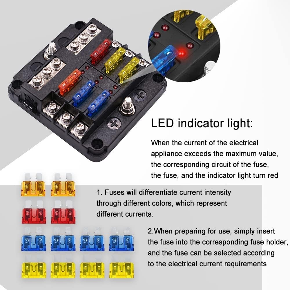 6-Way Marine Fuse Block,Waterproof 12V Fuse Block with LED Indicator, Automotive