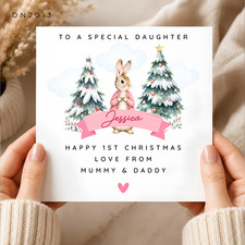 Personalised Daughter First Christmas Card, 1st Xmas Bunny, Name, Mummy Daddy