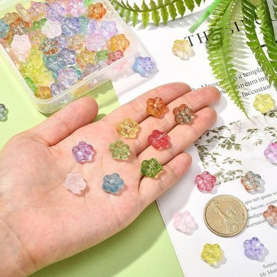 100pcs Random Glass Flower Beads Transparent Lampwork Floral Beads 5-Petal Co...