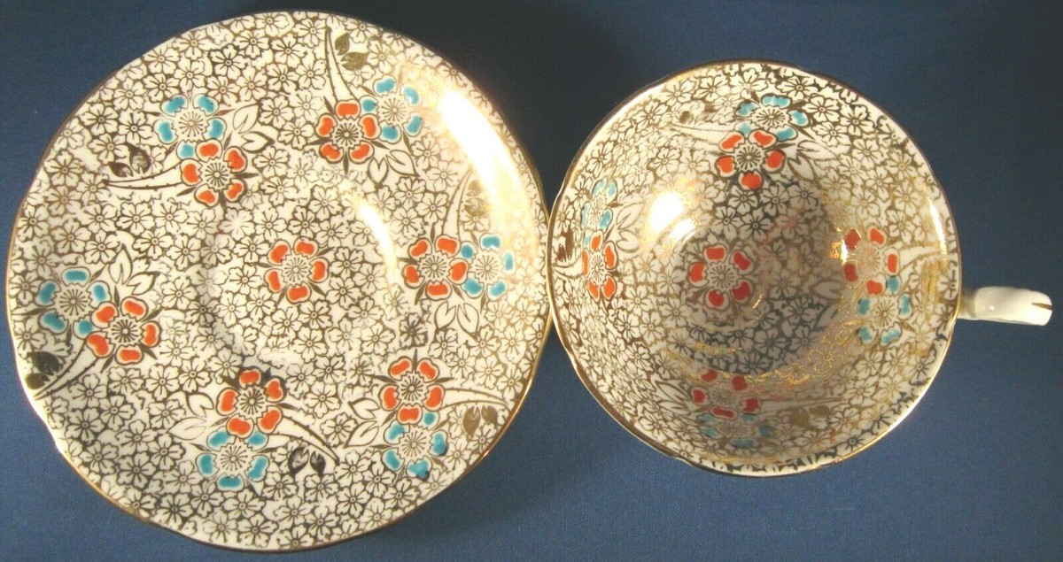 Guaranteed English Gold Chintz Bone China Teacup & Saucer (8256