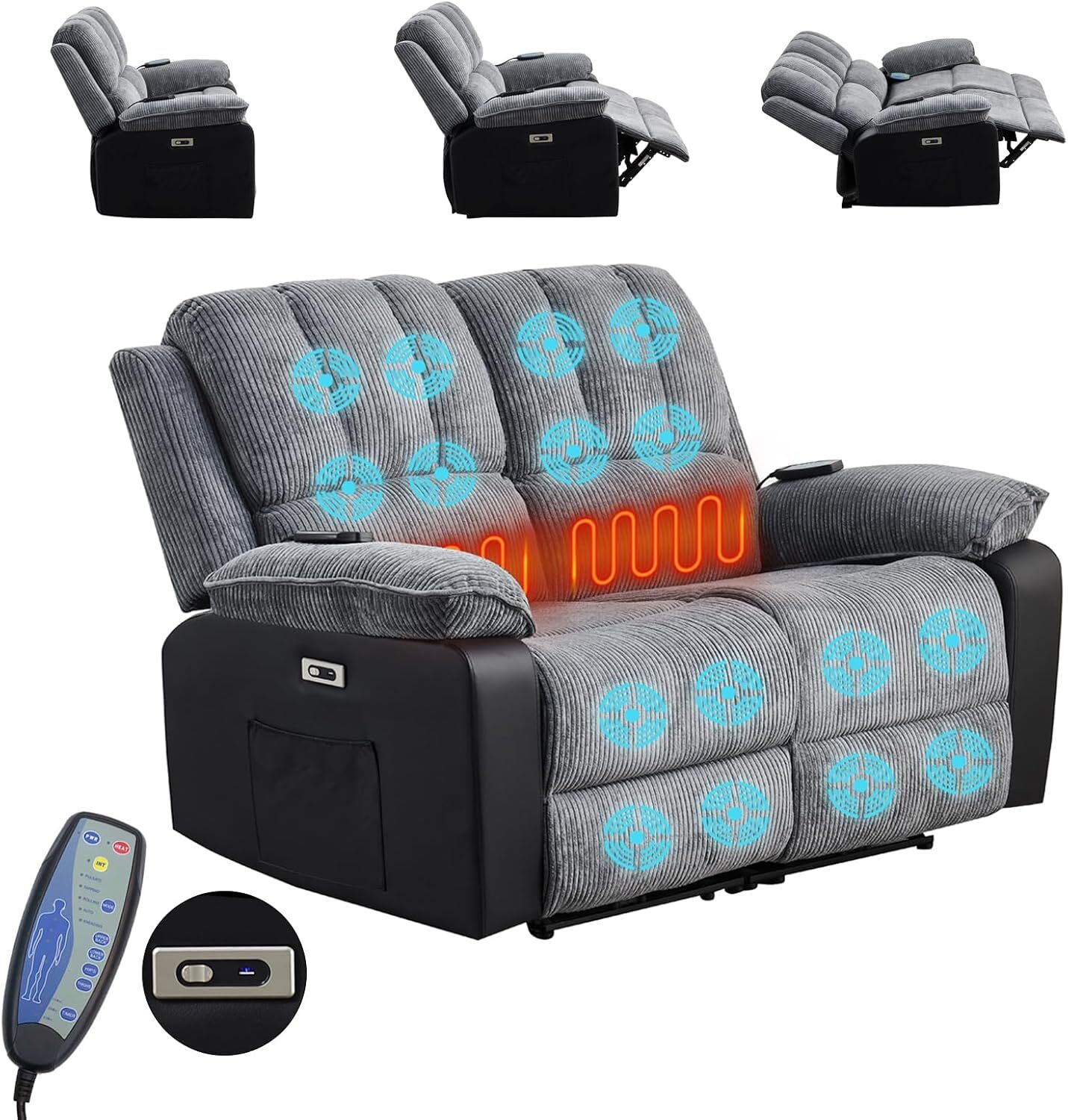 Electric Sofa 2 Seat Recliner Armchair Massage Heat Home Lounge Living Room Grey
