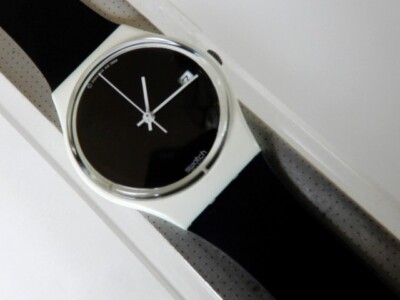 BIG ECLIPSE! 1987 B/W Collectible Swatch with DATE, ORIGINAL CASE! NOS-RARE!