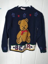 Vintage Heart Works Teddy Bear Sweater Girls M 10/12 Blue Floral Made In USA