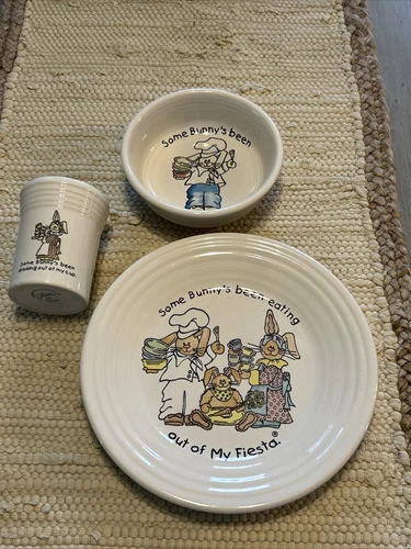 Fiesta Ware Child's Easter Set Some Bunny's Been Eating Out of My Cup Bowl Plate