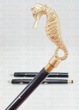 New Designer Golden Finish Sea Horse Head Handle Wooden Walking Stick Gift Cane