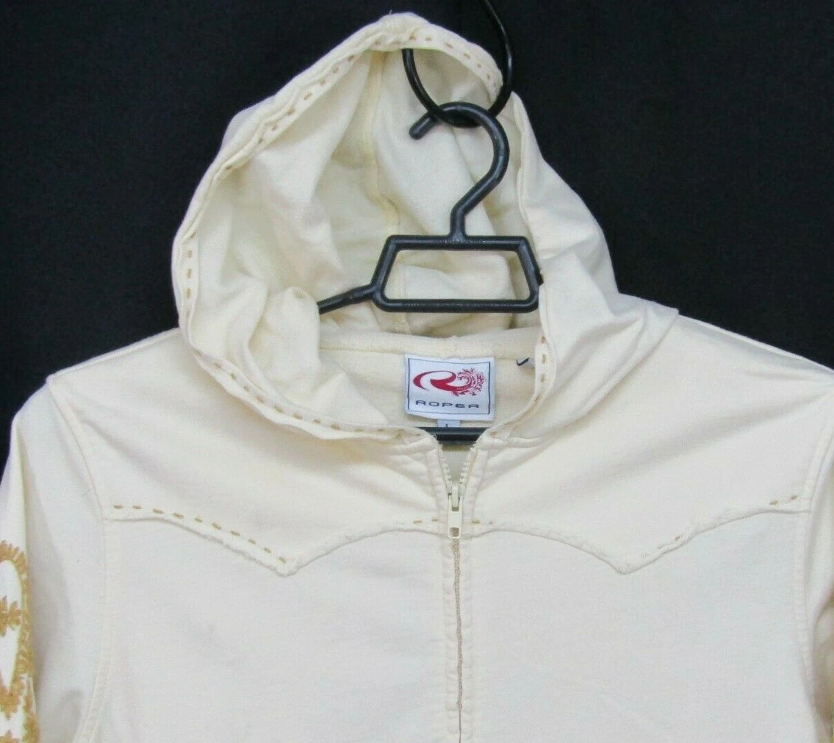 OFF WHITE Roper felpa con cappuccio donna grande avorio oro ricamo cuciture grezze full zip western