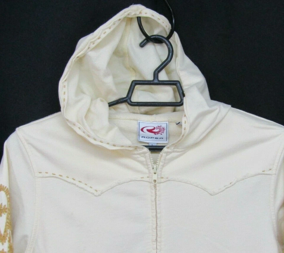 Sudadera con Capucha Roper Para Mujer Grande Marfil Dorado Bordado Costuras Crudas Cremallera Completa Western Foto 2 de 4