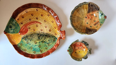 3pc Serving Set  Italica ARS Fish Plate & Two Bowls Candy Nut Dip Dish  Italy