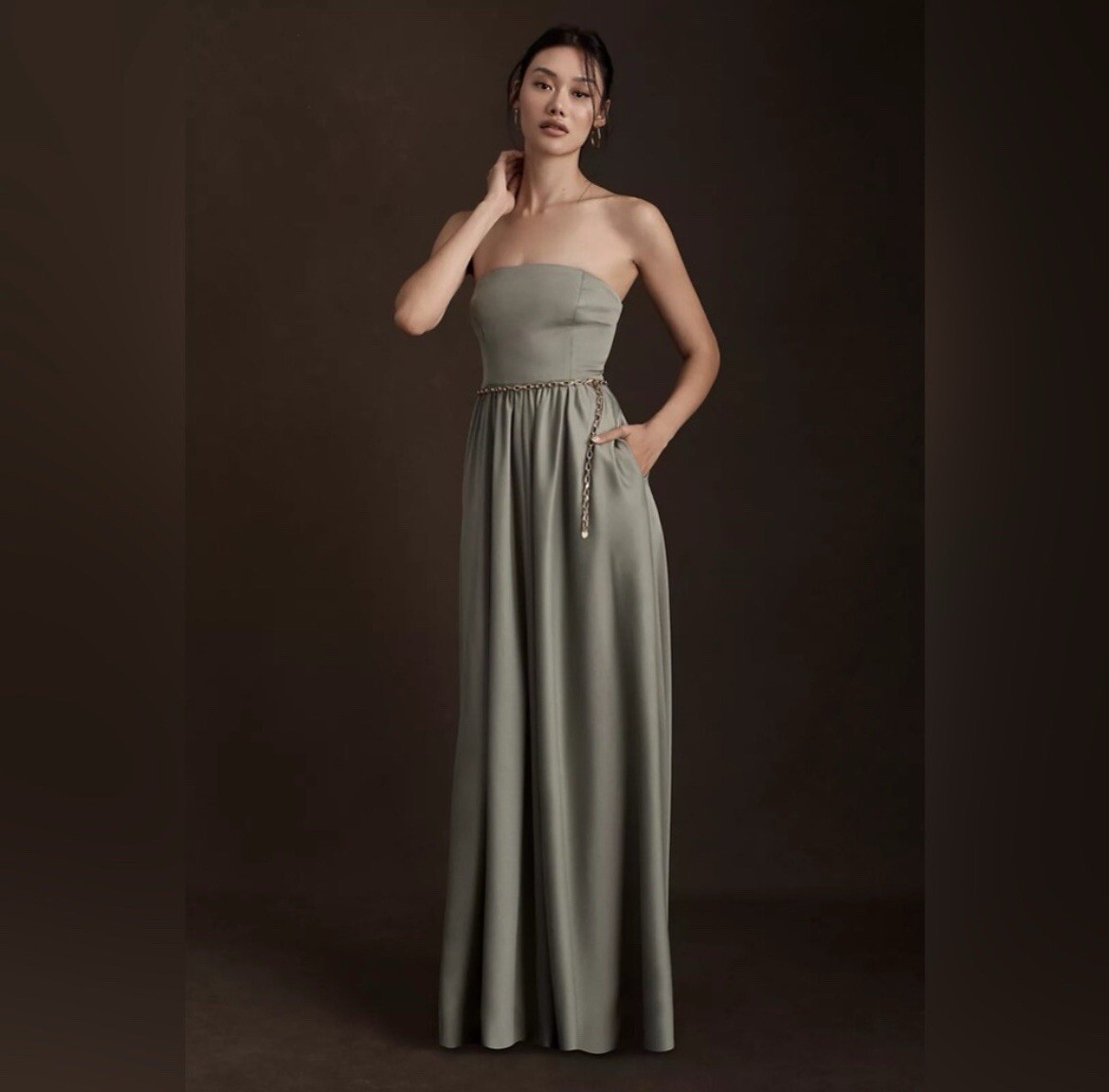 bhldn moss green dress BHLDN Drop-Waist Satin Maxi Dress by BHLDN