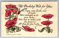 Postcard My Birthday Wish For You Greetings Beautiful Poem Flowers VTG 1911  H19