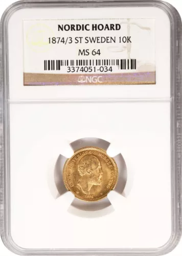 SWEDEN , GOLD 10 KRONOR 1874/3 ST OVERDATE VARIETY - NGC MS 64 , RARE5