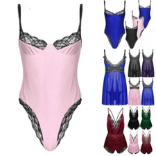 Mens Silky Satin Pajamas Lace Trim Sleepwear Boxer Shorts Jumpsuit Cami Dress