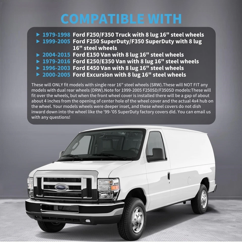 Chrome Wheel Hubcaps for Ford E150 E250/E350/F250/Excursion/E450 4pcs Foto 3 de 4