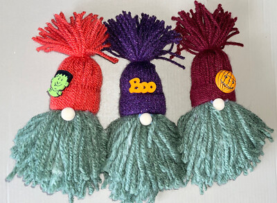 Handgefertigte Strickgonk Zwerg Halloween, Baumdekorationen. 3er Set B