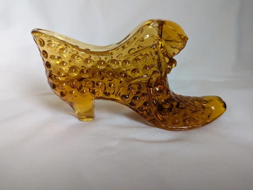 Vintage Fenton Hobnail Colonial Amber Art Glass Slipper/Shoe w Cat Head  #3995
