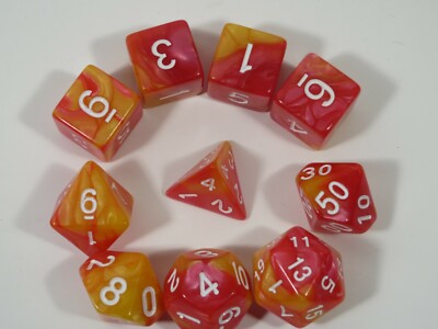 NEW RPG Dice 10pc - Twisted Orange-Pink - 1 @ D4 D8 D10 D12 D20 D00-10 & 4 D6
