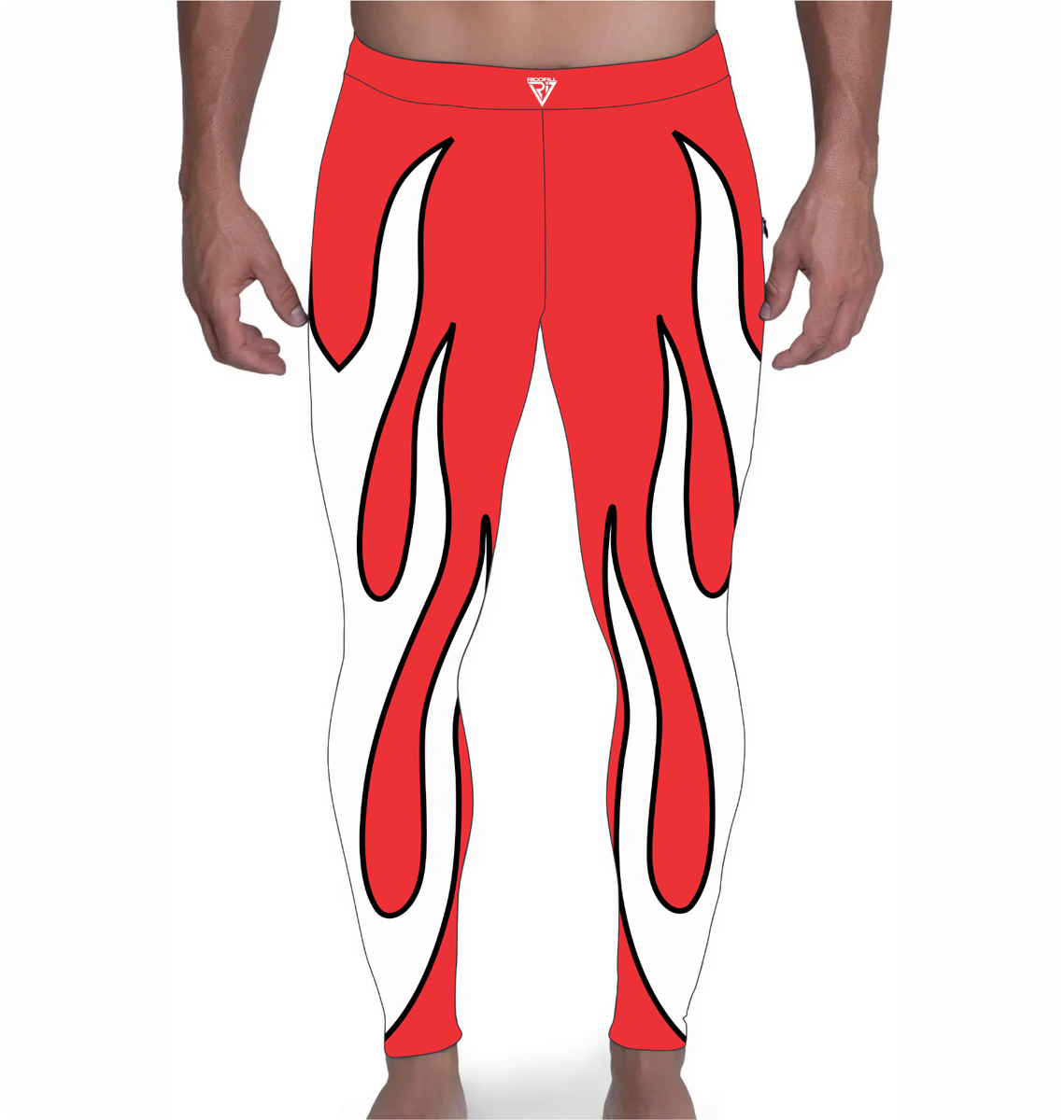 Men Pro Wrestling Tights, Red with White Fire Spandex