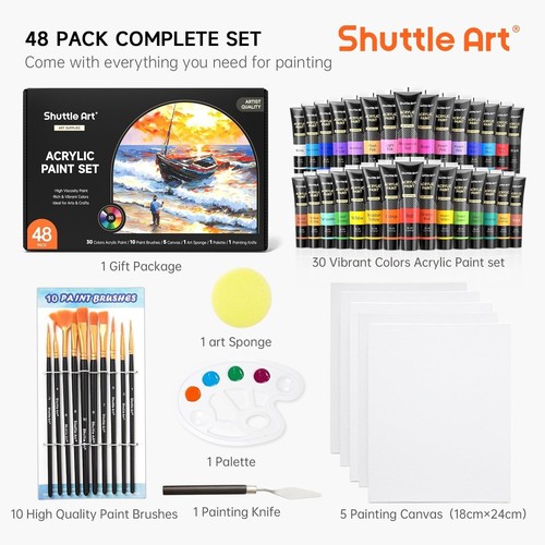 48 Pack Acrylic Paint Set, Shuttle Art 30 Colours Acrylic Paint (36ml) with 10 B - Picture 2 of 9