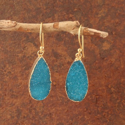 Sky Blue Sugar Druzy Pear Shape Earring Gold Plated Wholesale Women Jewelry Gift