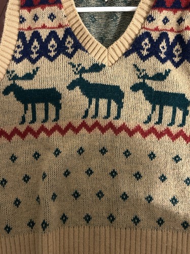 Kids Pandora Sweater Vest Vintage Hand Knit Christmas Rare Reindeer 7 Vtg Tan - Picture 4 of 5