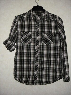 Helix Shirt Men M Black Gray Plaid Western Snap Long Sleeve Roll Tab Button Up