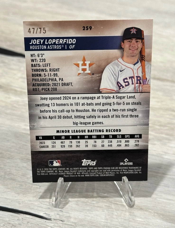 2024 Topps Stadium Club Chrome Purple Refractor /75 Joey Loperfido Rookie RC 259 - Image 2 of 2