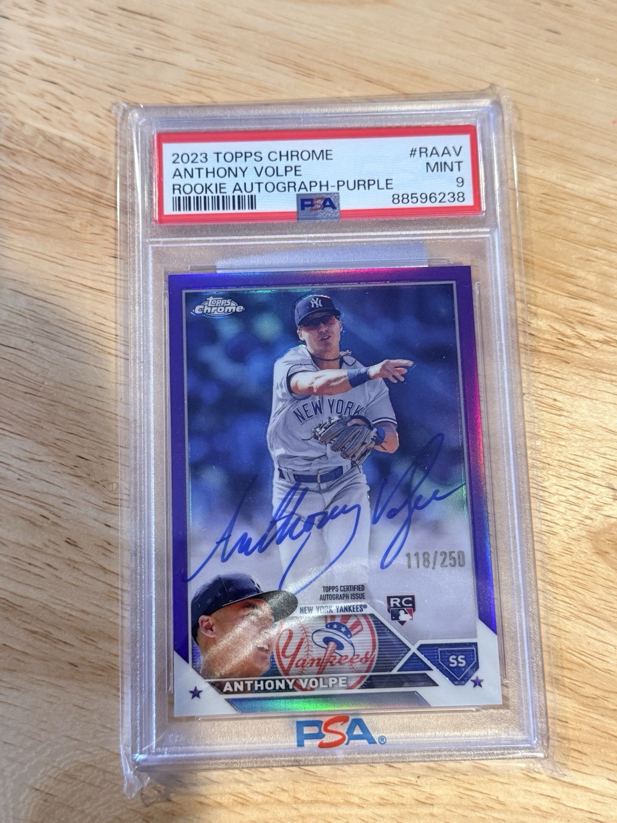 2023 Topps Chrome Anthony Volpe purple refractor #d 118/250 RC Auto PSA 9