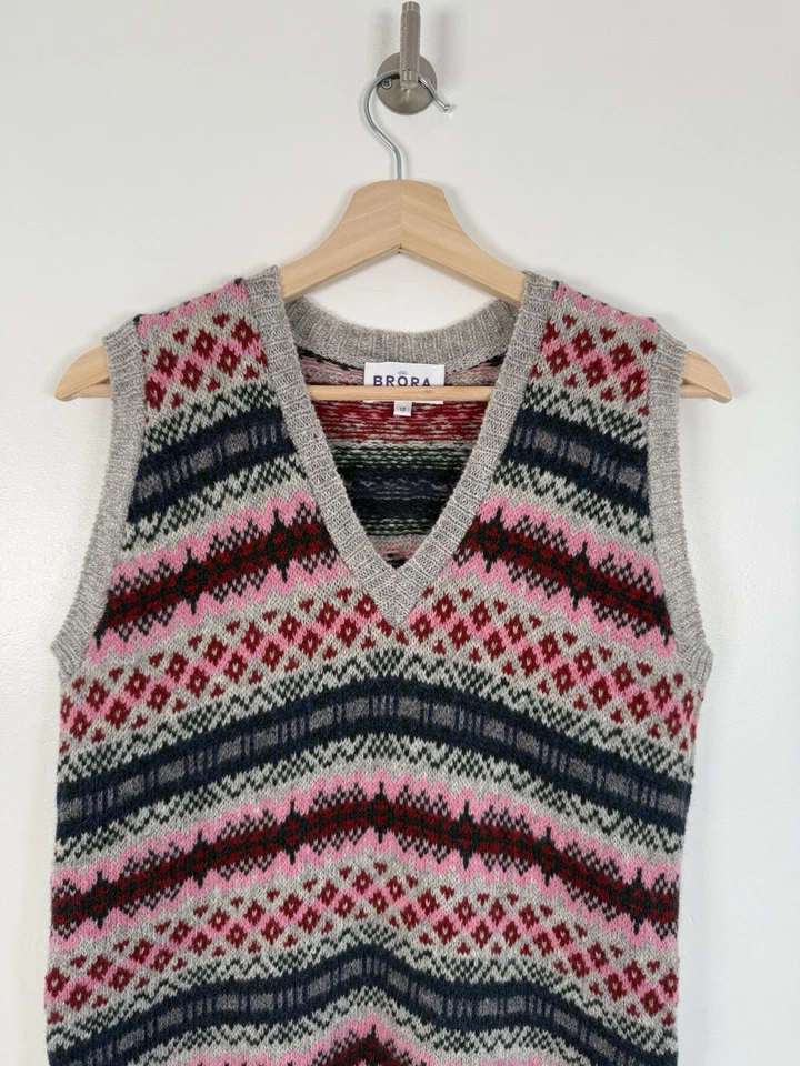 Brora Knitted Vest Size Uk 12 Wool Red Fair Isle Nordic Tank Sleeveless Sweater - Image 2 of 4