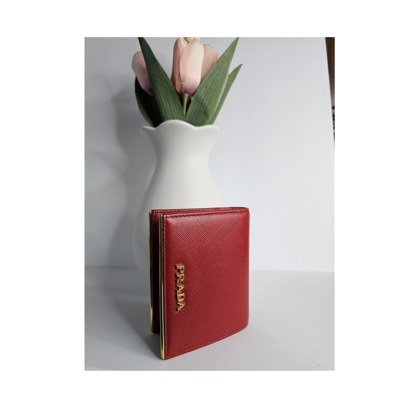 PRADA Red Women's Bifold Wallet Solid Logo Accents Credit Card Feature